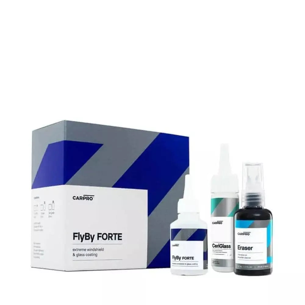Introducing the CarPro FlyBy Forte 15ml Kit V4, the ultimate windshield and glass protector. Beyond coating, FlyBy Forte bonds with glass, creating a durable, hydrophobic surface that repels rain, dirt, and pollutants. Achieve clear vision and unparalleled protection against UV rays, chemicals, and abrasion.