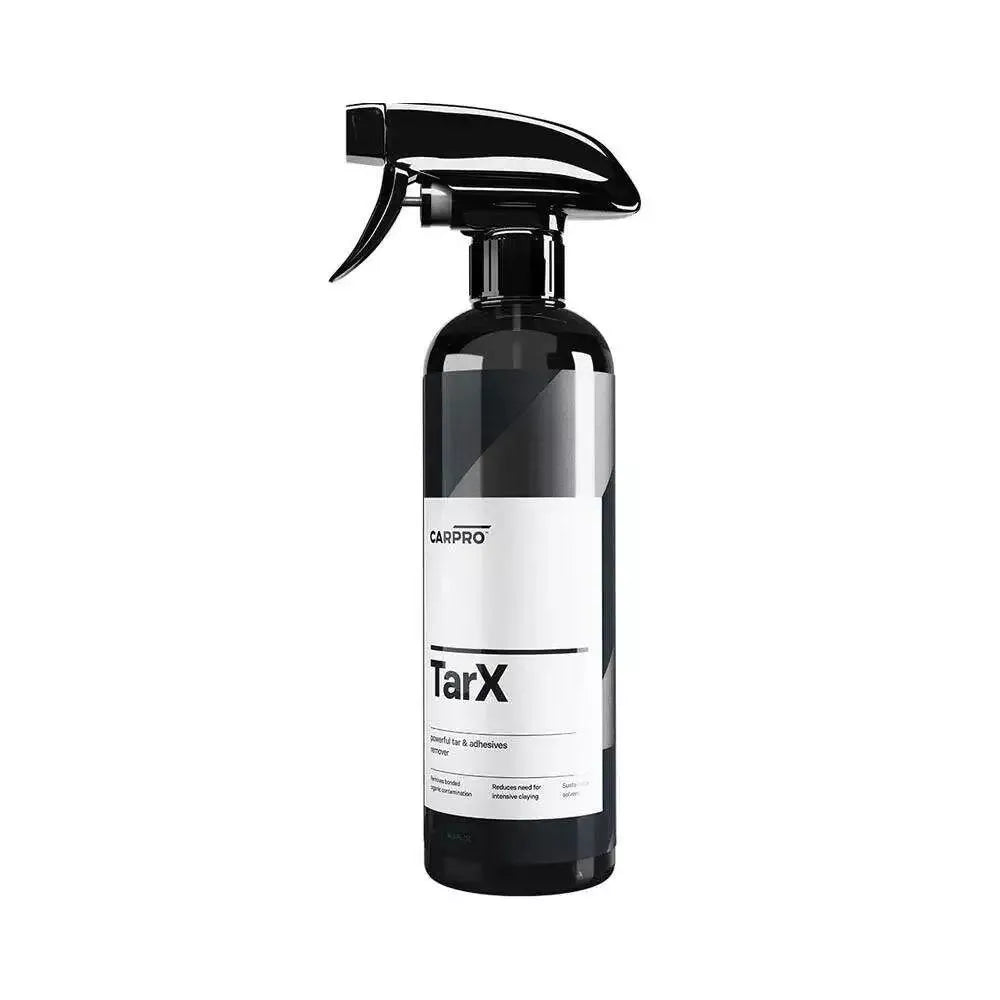 Tar remover: CarPro's Tar X, a versatile solution that not only tackles tar but also vanquishes rubber marks, adhesive residues, waxes, and more. From paintwork to underbody components, Tar X restores and rejuvenates, guided by an innovative color additive for precise application.