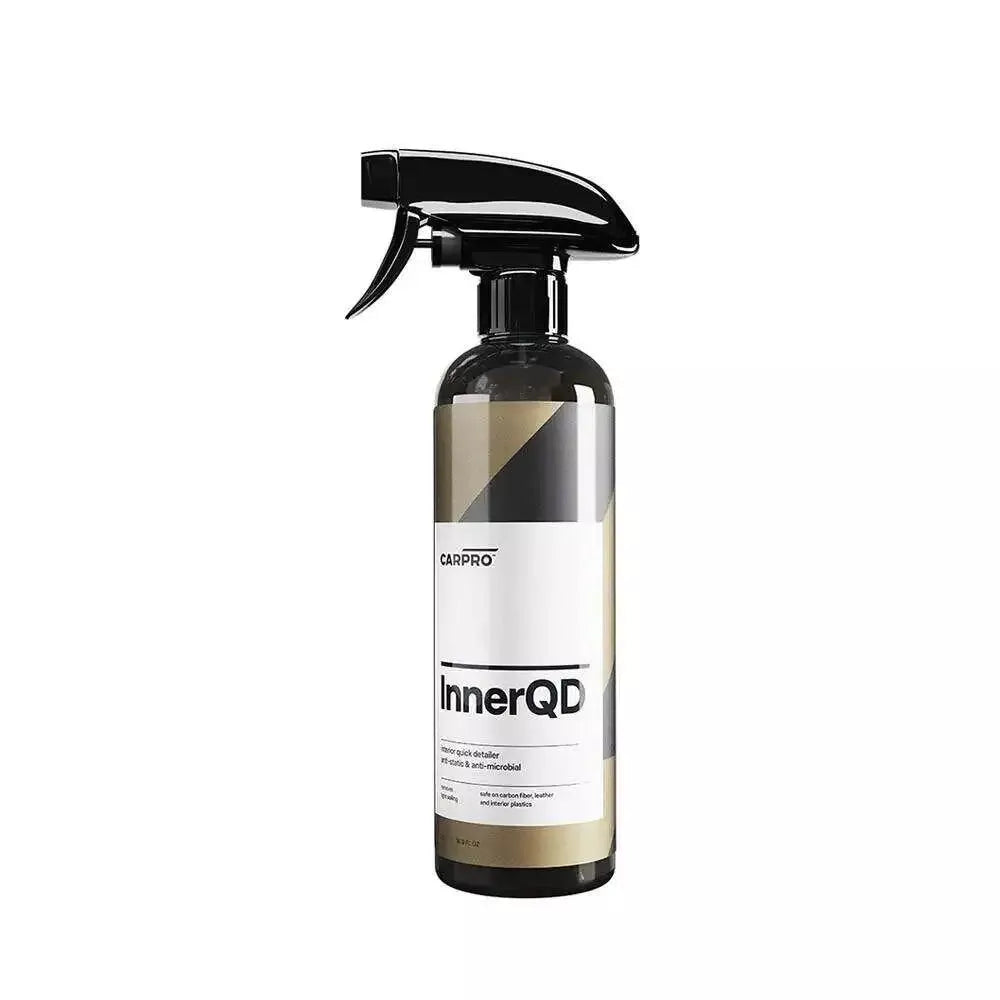 interior cleaner CarPro's Inner QD takes interior car care to new heights. This Interior Quick Detailer isn’t just a cleaning spray; it's a complete care solution with antistatic and antimicrobial properties. Designed to revitalize every surface, from leather to brushed aluminium, Inner QD erases fingerprints and dust, leaving a dry-to-touch satin appearance with a clean scent. Transform your vehicle’s cockpit into an inviting space that looks and feels luxurious.