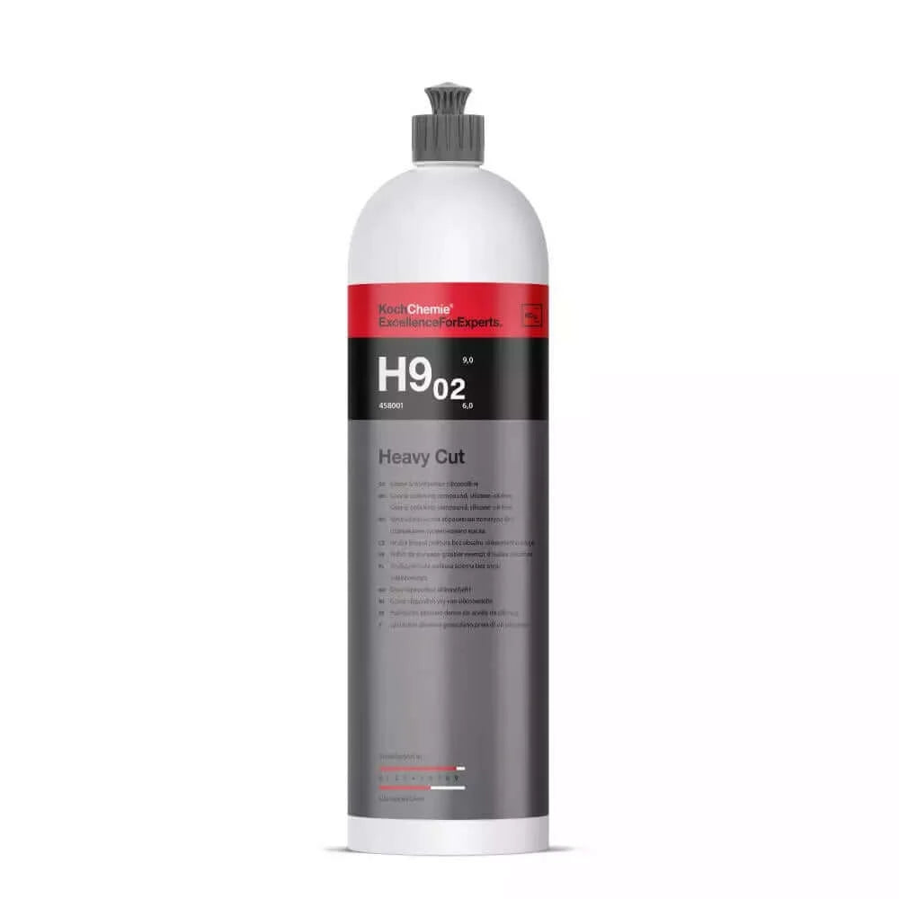 Silicone-Oil-Free  Erase stubborn deep scratches with Koch Chemie Heavy Cut H9.02. This innovative formula boasts a high cut level of 9.0 and a gloss level of 6.0, providing remarkable polishing for both soft and scratch-proof paints. The homogeneous abrasive grains allow extended polishing without sticking and minimal dust formation, ensuring a pristine finish.