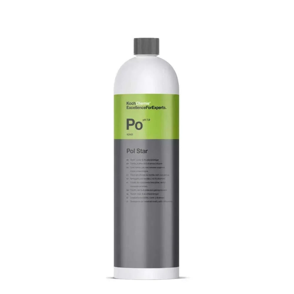 interior cleaner: Koch-Chemie Pol Star Po. This pH-neutral cleaner is crafted to penetrate deep into leather, alcantara, and textiles, such as upholstery and carpets, removing dirt from the core. Fine-pored foam lamellas lift the dirt, leaving no watermarks behind, and preserving the original waterproofing. Plus, our special protection formula keeps your interiors fresh by guarding against quick re-soiling.